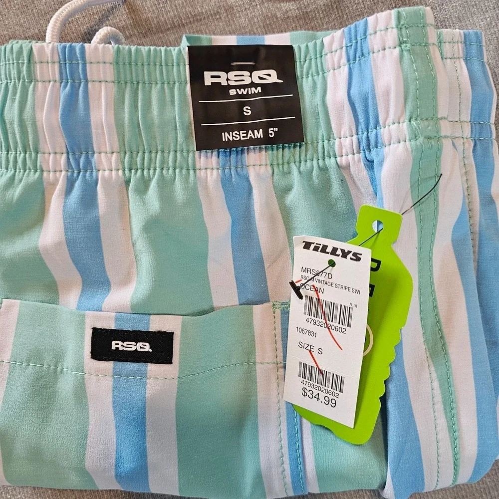 Tilly's RSQ Swim Shorts Men's Small No Lining Green Blue White Retro Stripe NWT